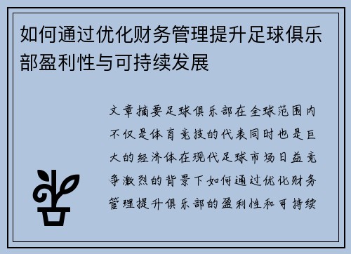 如何通过优化财务管理提升足球俱乐部盈利性与可持续发展 如何通过优化财务管理提升足球俱乐部盈利性与可持续发展